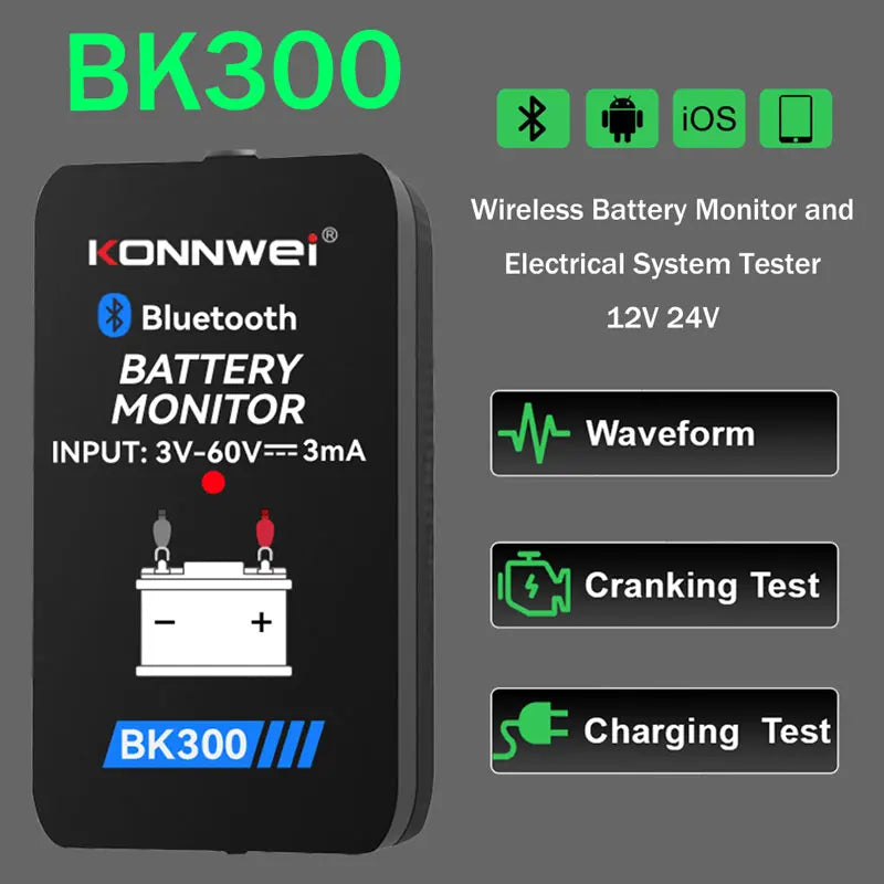 KONNWEI BK300 Bluetooth 5.0 Battery Monitor for 6V 12V 24V Lead Acid car truck starting battery For Android IOS Battey Analyzer