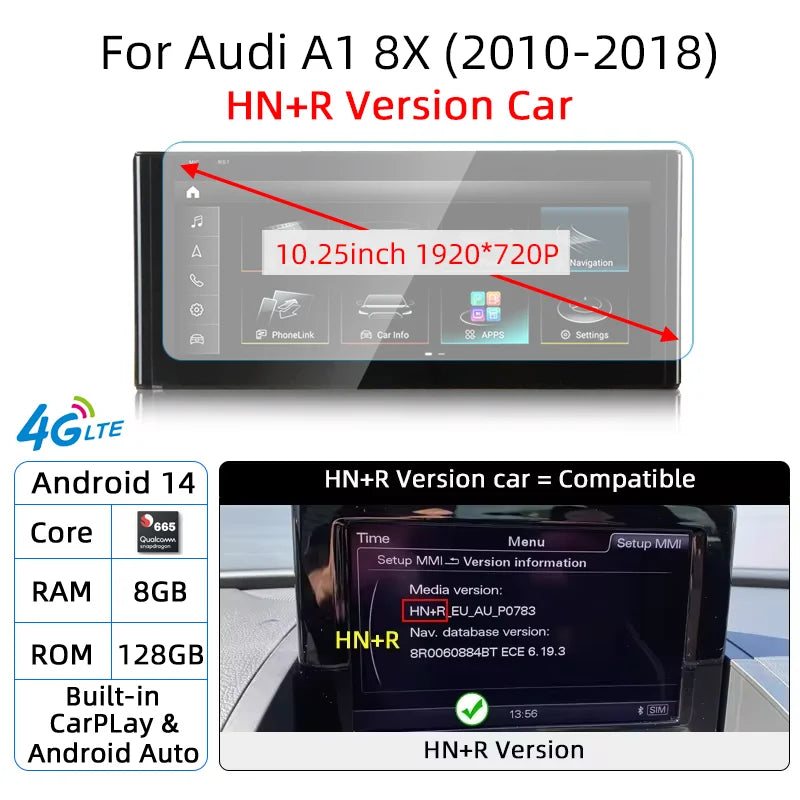 Android 14 Auto Radio CarPlay For Audi A1 Q2 2010-2023 GPS Car Multimedia Player Navi Stereo DSP WIFI SIM BT IPS Touch Screen