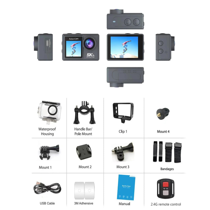 New 5K 30FPS 48MP WiFi Action Camera Ultra HD 2 Inch Touch Screen 30M Underwater Camera With 900mAh Polymer Lithium Battery