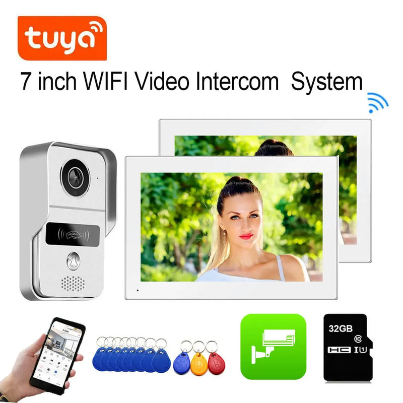 TUYA Wifi Video Doorbell System 1080P Doorphone Door RFID Unlock Camera 7 Inch 2 LCD Touch Screen, Video Intercom Access Control