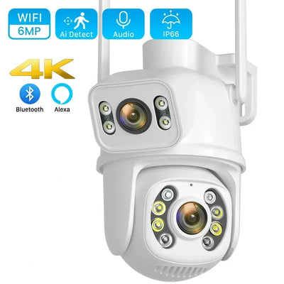 6MP 4K WiFi Camera Dual Lens Dual Screen Outdoor Waterproof And Security Video Surveillance Camera Alarm Light IP Camera