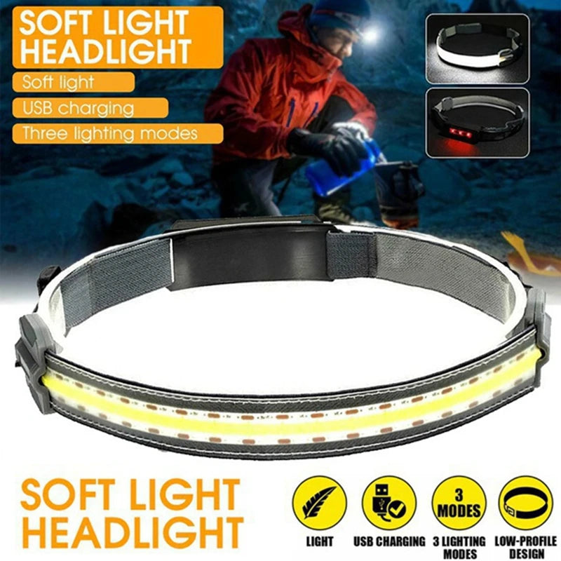 Wide Beam COB Headlamp USB Rechargeable Headlight with Built-in Battery Outdoor Red Head Flashlight for Running Fishing 3 Modes