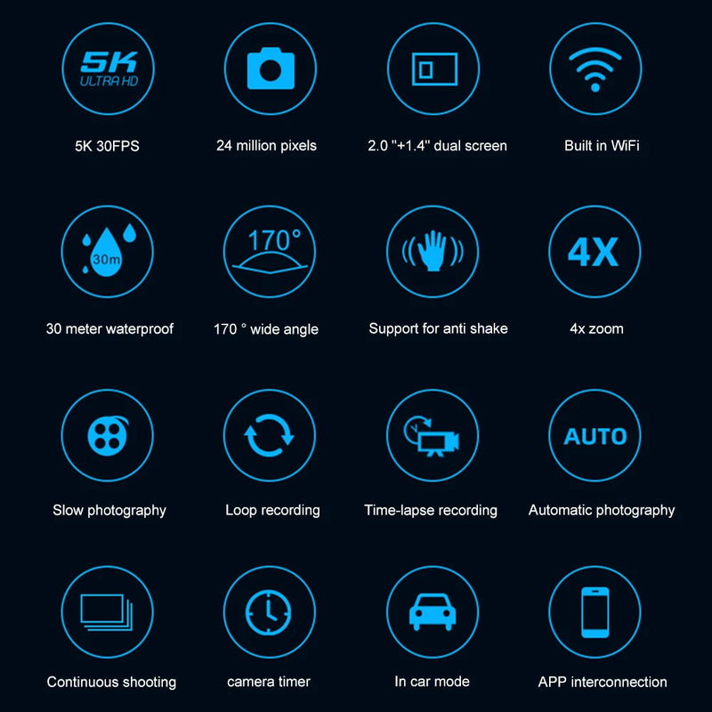 5K 4K 60FPS Action Camera Anti-shake WIFI Outdoor Cycling Camera Dual Screen 170° Wide Angle 30m Waterproof with Remote Control